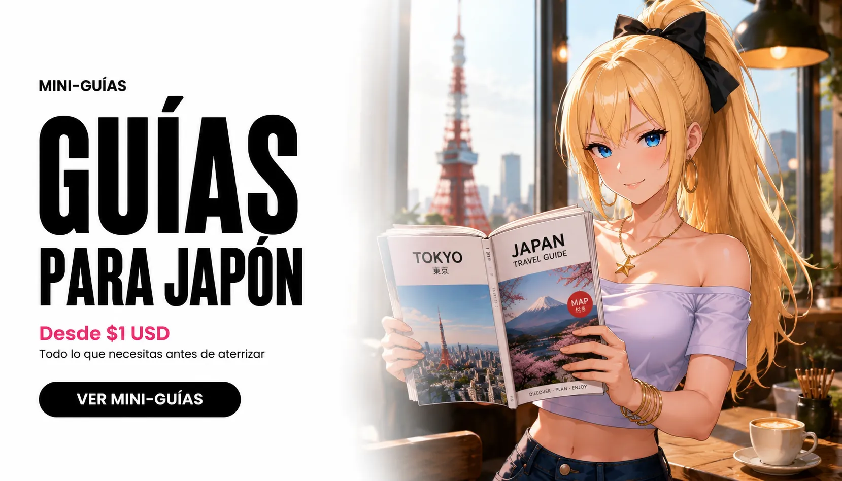 Honoka mostrando guías digitales de Japón